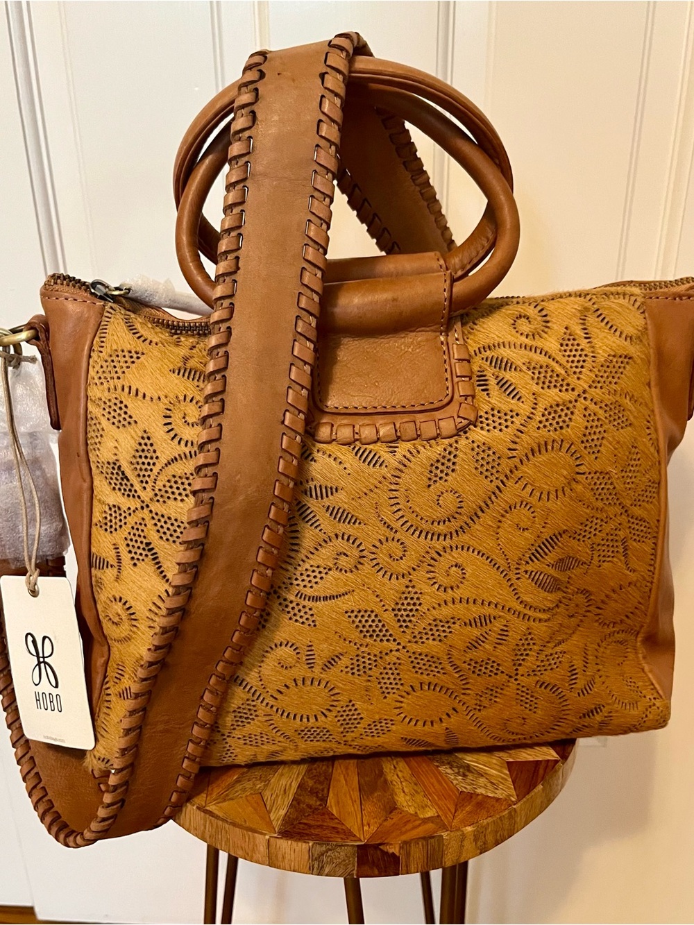 HOBO International Medium Shelia Tan Laser-Cut Leather Satchel with Top Handles - Picture 6 of 8